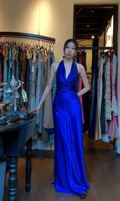 Halter V Neck Royal Blue Satin Evening Gown Twist Front A-Line Long Prom Dress With Pockets gh9687