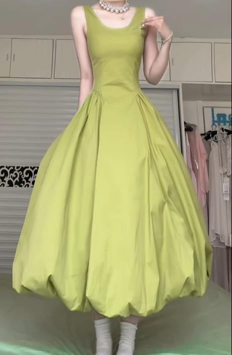 Sage Green U‑Neck Sleeveless Long Evening Gown, Fitted Waist Bubble Balloon Skirt Formal Prom Dress gh8992