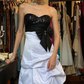 Black White Contrast Strapless Sweetheart Evening Gown Sequin Bodice Big Bow Draped Satin Long Prom Dress gh9716