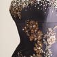 Women Vintage Midi Mermaid Formal Dress Spaghetti Straps Sweetheart Neck Navy Satin Heavy Rhinestone Gold Lace Floral Appliqué Evening Gown gh9591