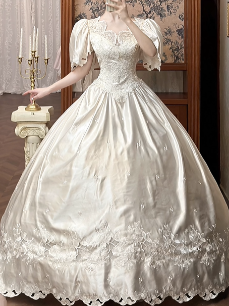 Ivory Vintage Satin Wedding Prom Dress, V‑Neck Lace Trim, Puff Short Sleeves Cutout Cuffs, Floral Lace Appliqués, A‑Line Cutwork Lace Hem gh8682