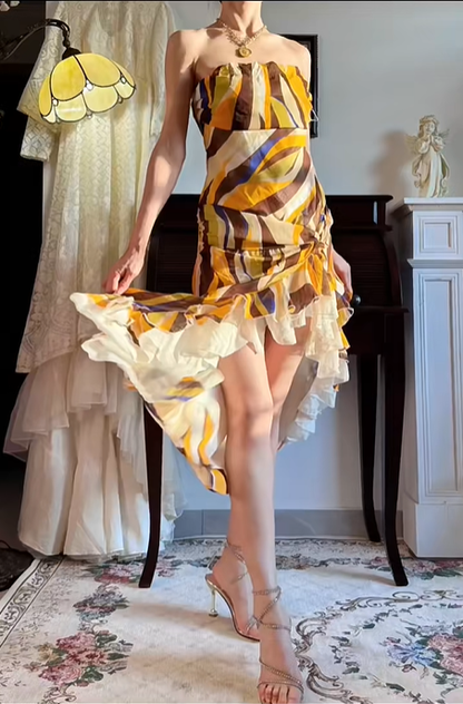 Vintage‑Abstract‑Oil‑Print‑Gown Strapless‑Bandeau Side‑Drawstring‑Ruched High‑Slit‑Ruffled‑Asymmetrical‑Hem Swirl‑Print‑Chiffon‑Fabric Boho‑Maxi‑Evening‑Party‑Dress gh8837