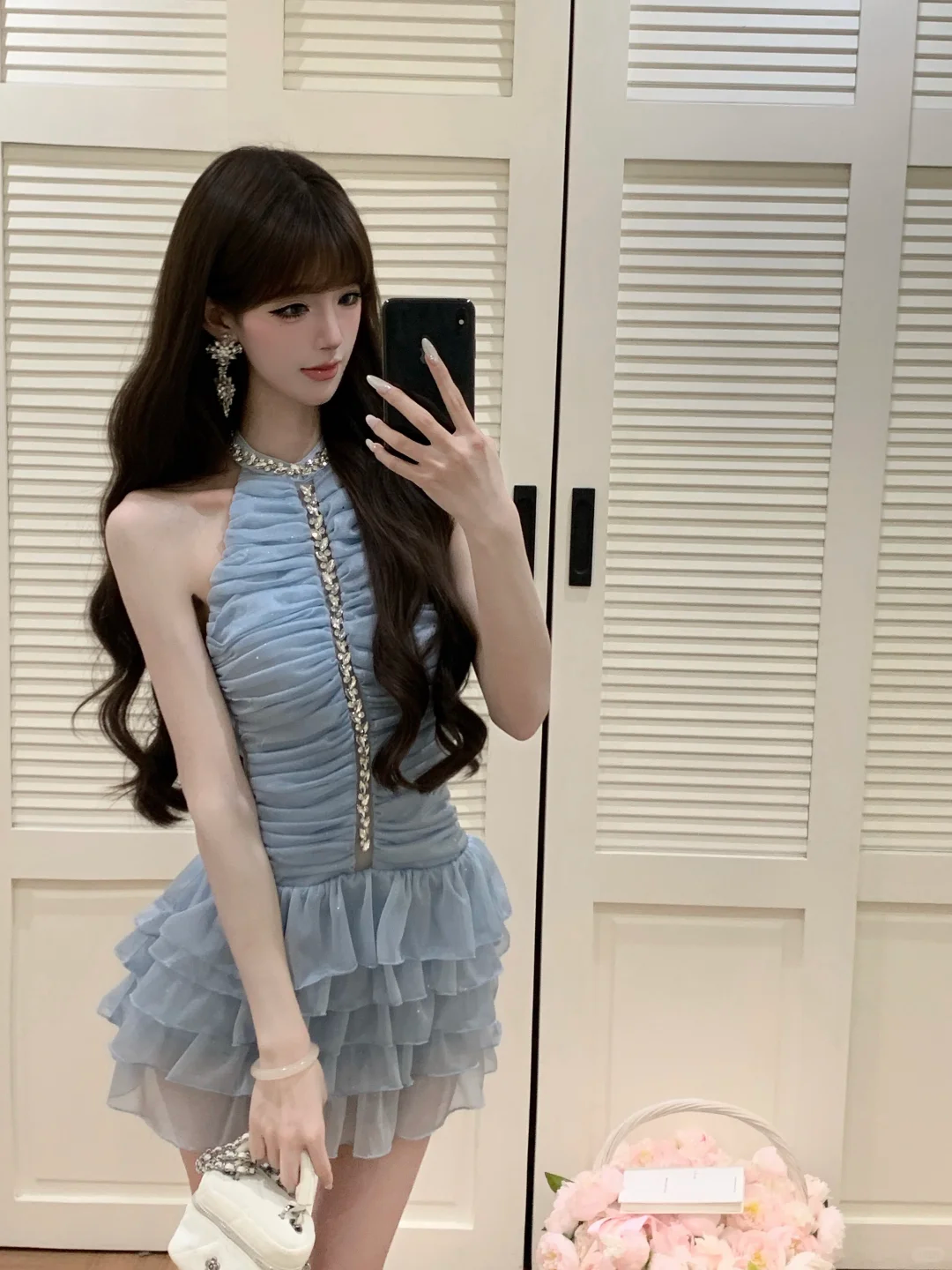 Women Sparkly Light Blue Halter Homecoming Dress Ruched Tulle Rhinestone Tiered Ruffle Short Party Dress gh9421