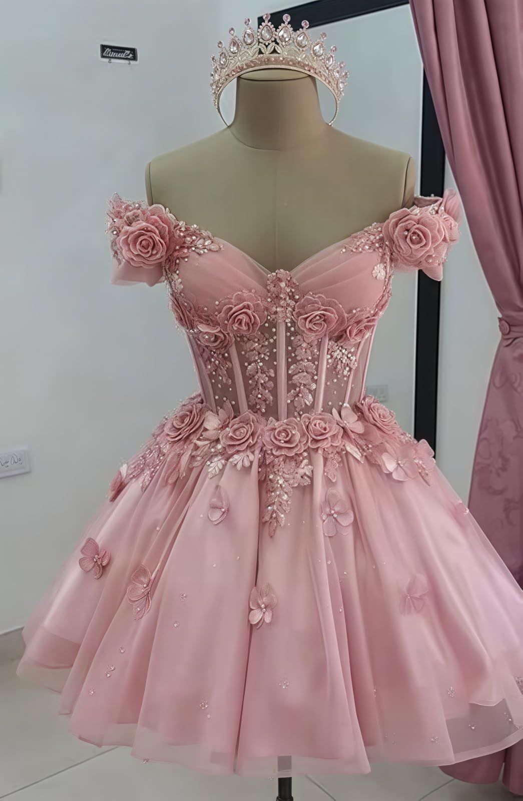 Girlhomeshops - Rosa Blumenmuster, exquisites, perlenbesetztes, kurzes Tüllkleid für Heimkehr, Ballkleid, Geburtstagsparty, Kleid gh5024