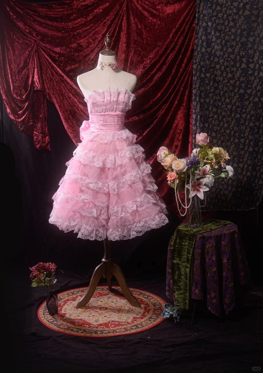 Robe de bal vintage en dentelle rose, tenue de soirée, d'anniversaire, gh4540