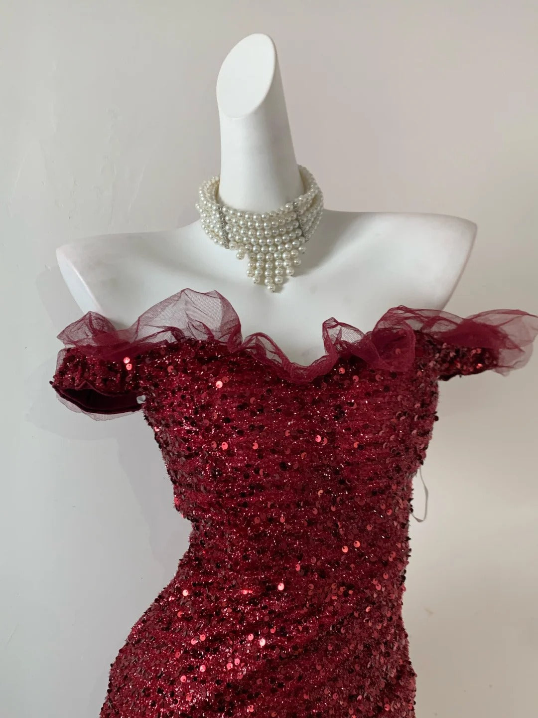 Robe de soirée élégante et brillante bordeaux, longue, en tulle pailleté, décolleté au sol, traîne, robe de bal sexy, gh3730