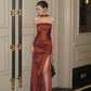 Robe de soirée longue fendue, dos nu, en satin marron caramel gh6745