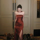 Robe de soirée longue fendue, dos nu, en satin marron caramel gh6745
