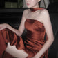 Robe de soirée longue fendue, dos nu, en satin marron caramel gh6745