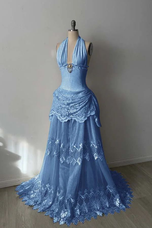 Light Blue Halter Neck Waist-Cinched Fitted Elegant Long Evening Dress, Fairy Gown, Romantic Gown gh7426