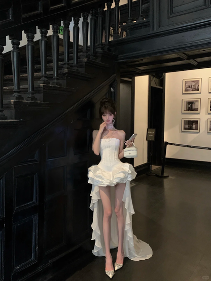 Women Elegant White Strapless Corset High Low Prom Dress Ruffled Train Formal Evening Gown gh9420