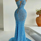 Blue gorgeous sexy sequins elegant long slit mermaid slim floor-length ball gown evening dress party dress gh3389