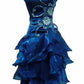girlhomeshops – Blau/Schwarzes, zartes, geblümtes, perlenbesetztes, kurzes, gerüschtes Tüll-Heimkehrkleid gh5635