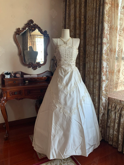 Ivory Spaghetti Strap Waist-Cinched Voluminous Skirt Prom Gown, Birthday Party Dress, Wedding Bridal Gown gh7271
