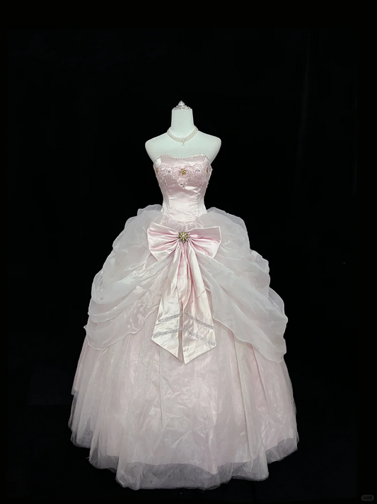Blush Pink Strapless Cinched Waist Bow Voluminous Princess Skirt Long Romantic Dress, Wedding Gown gh7960