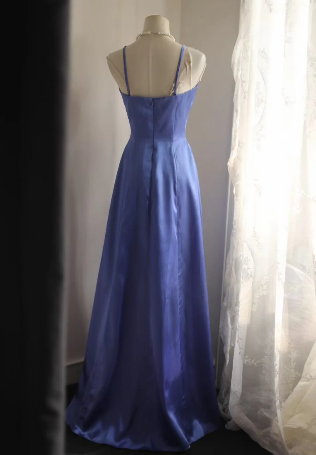 Blue halter-neck fitted waist vintage ball gown, evening gown gh7125