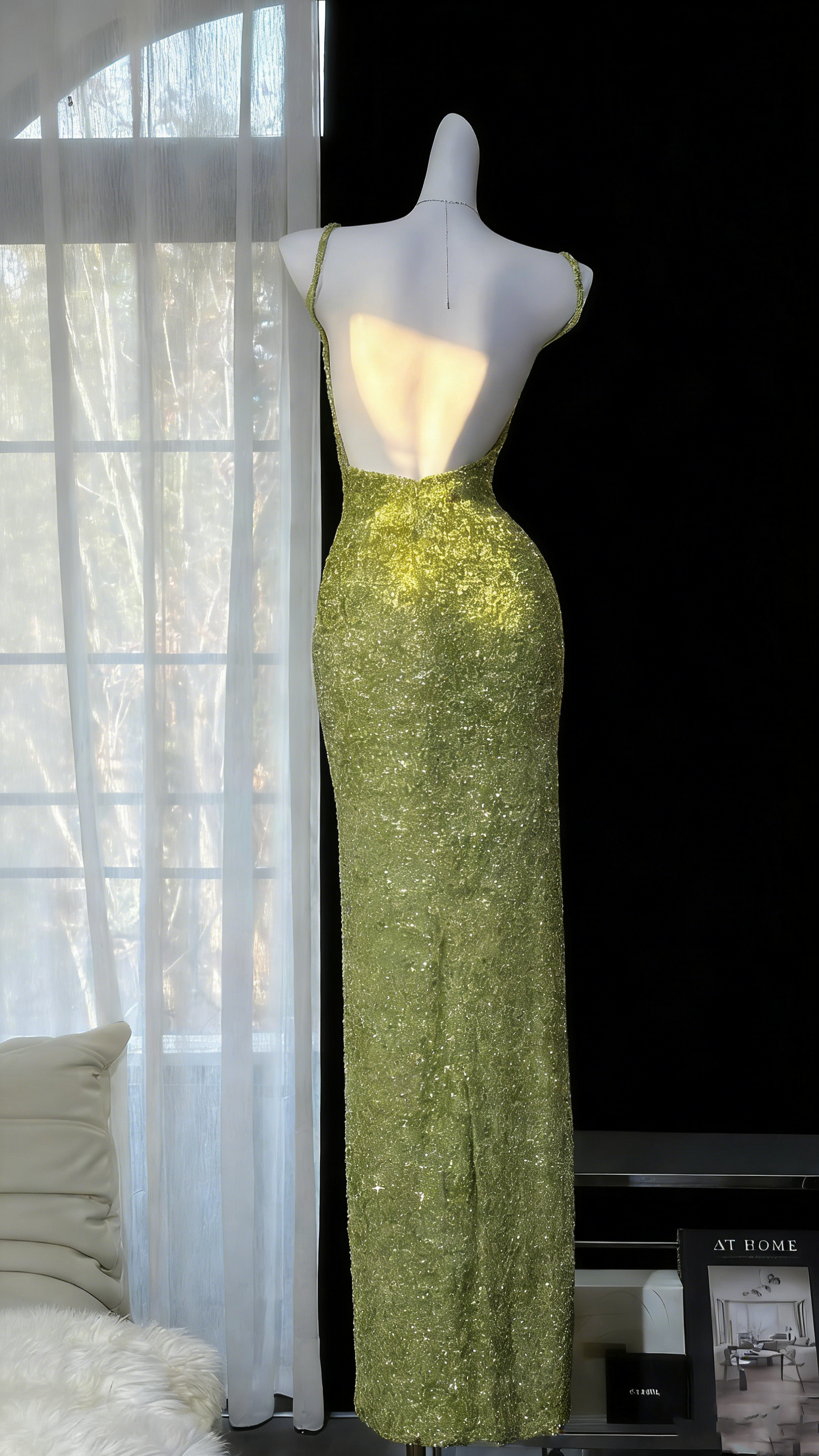 Limettengrünes Spaghettiträgerkleid – eckiger Ausschnitt, rückenfrei, figurbetontes Meerjungfrauen-Maxikleid für Abendveranstaltungen/roten Teppich/Sommerpartys gh6986