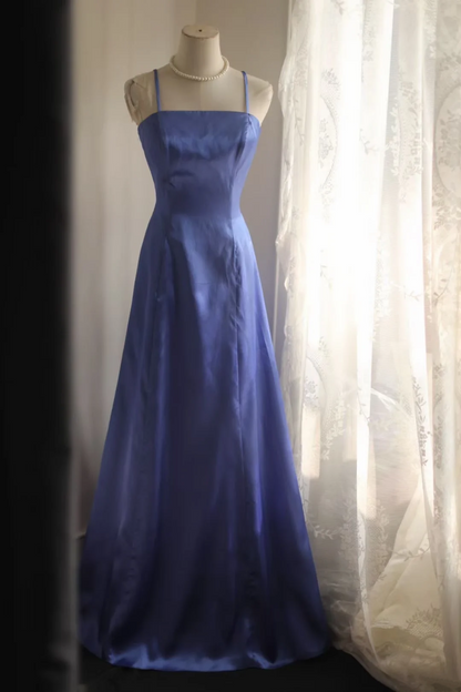 Blue halter-neck fitted waist vintage ball gown, evening gown gh7125