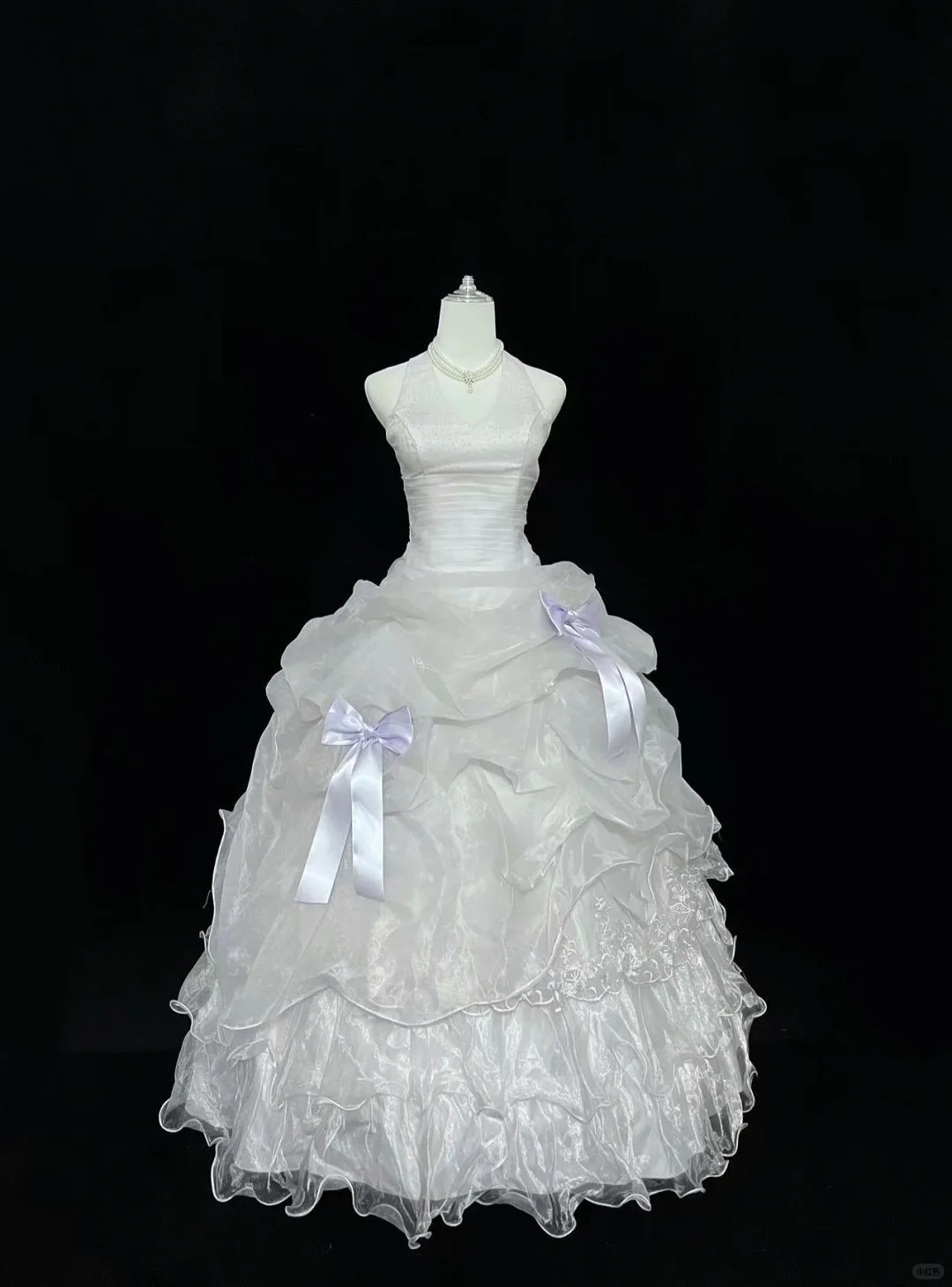 White Halter Elegant Cinched Waist Voluminous Tiered Skirt Long Romantic Dress, Wedding Gown gh8006