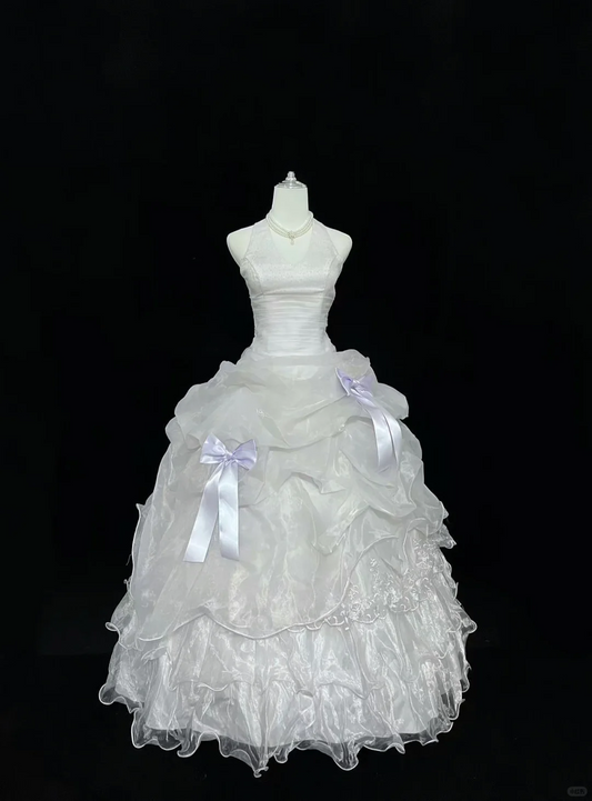 White Halter Elegant Cinched Waist Voluminous Tiered Skirt Long Romantic Dress, Wedding Gown gh8006