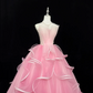 Pink Sleeveless Cinched Waist Voluminous Skirt Long Romantic Dress, Wedding Gown gh7872