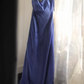 Blue halter-neck fitted waist vintage ball gown, evening gown gh7125