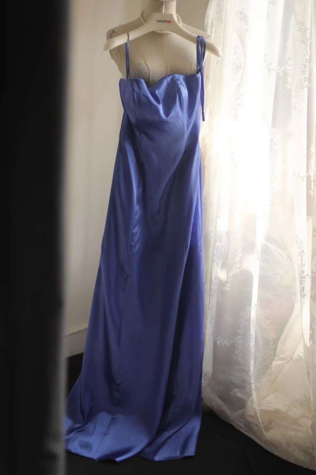 Blue halter-neck fitted waist vintage ball gown, evening gown gh7125