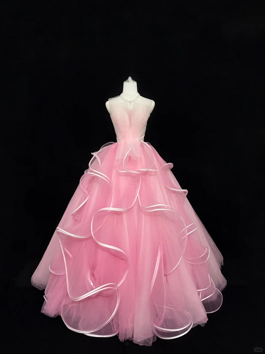 Pink Sleeveless Cinched Waist Voluminous Skirt Long Romantic Dress, Wedding Gown gh7872