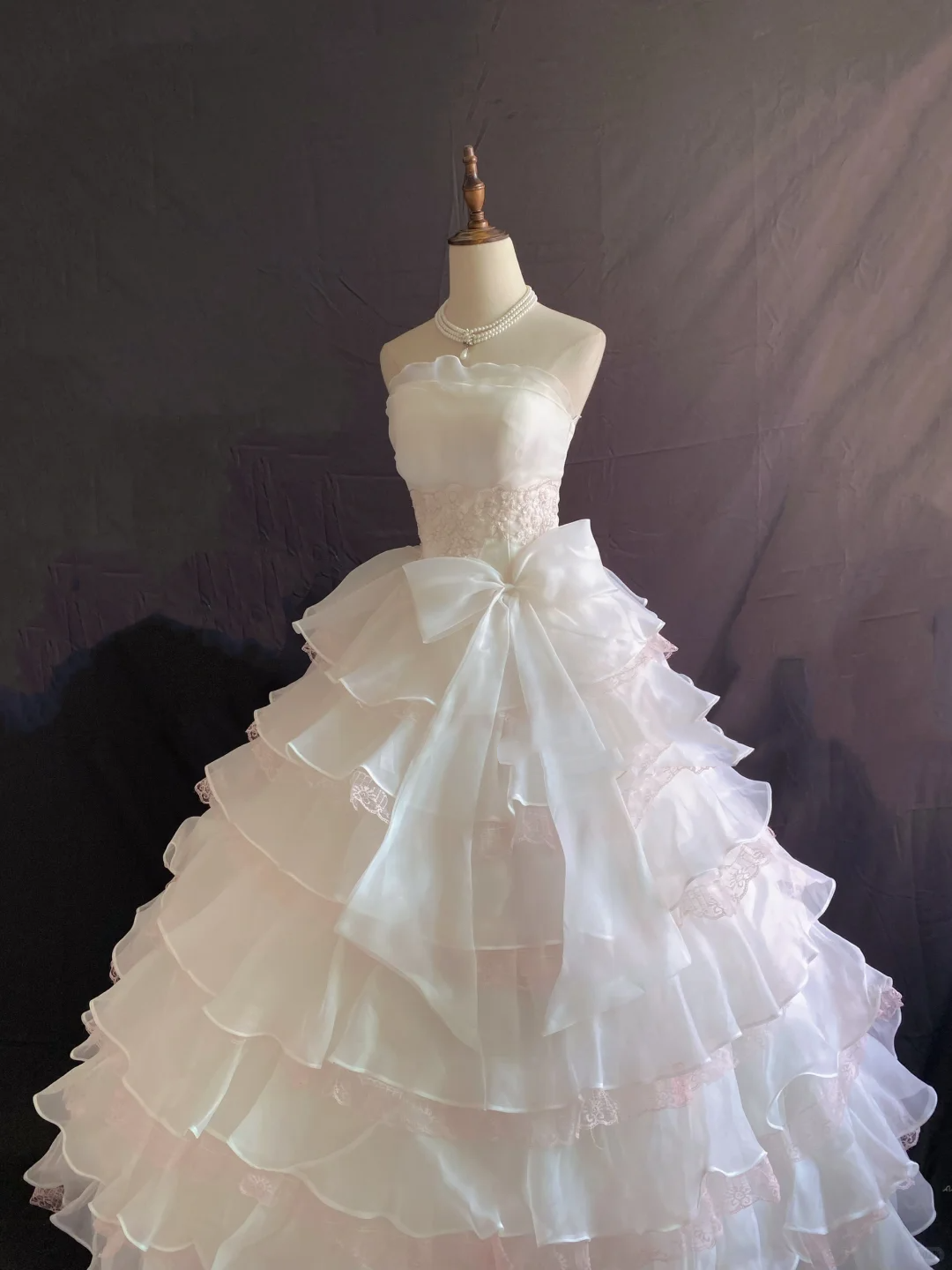 Blush pink strapless romantic gown with fitted waist and fluffy tiered cake skirt, wedding dress & bridal gown gh8225