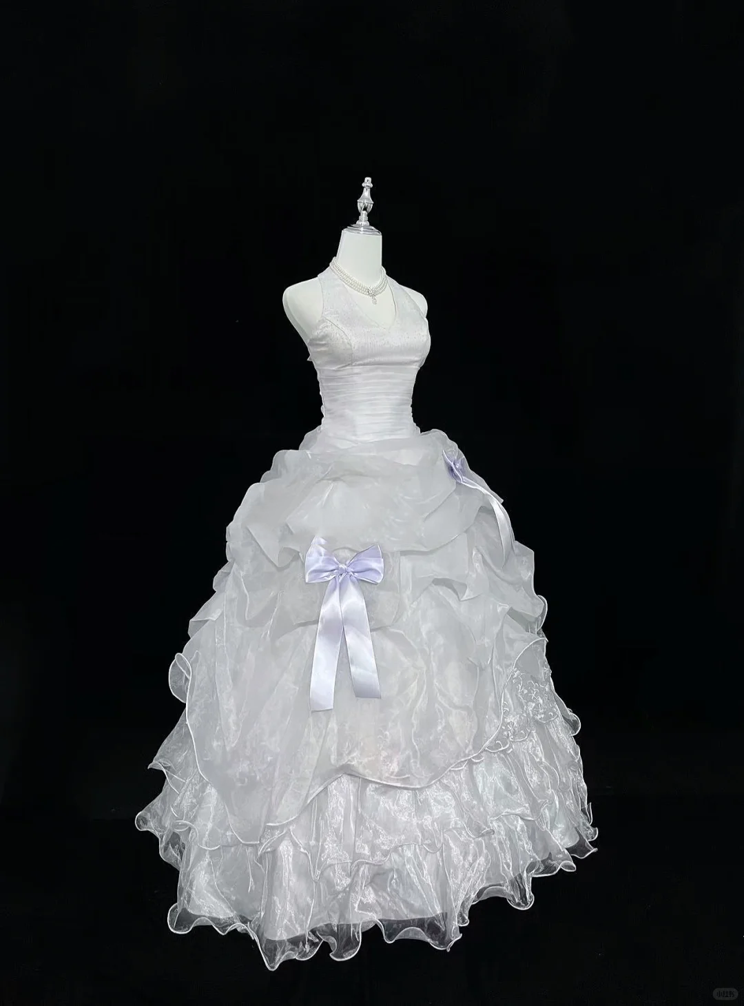 White Halter Elegant Cinched Waist Voluminous Tiered Skirt Long Romantic Dress, Wedding Gown gh8006