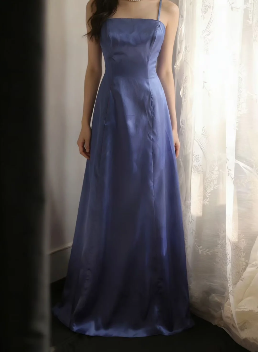 Blue halter-neck fitted waist vintage ball gown, evening gown gh7125