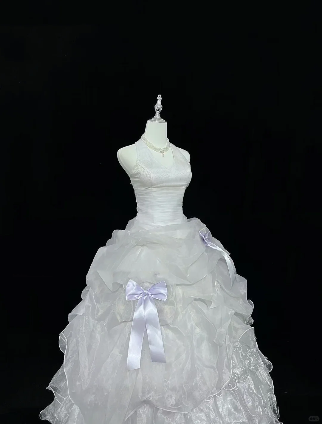 White Halter Elegant Cinched Waist Voluminous Tiered Skirt Long Romantic Dress, Wedding Gown gh8006