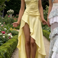 Robe longue jaune clair en satin à fines bretelles - Col en V, volants, fente haute - Idéale pour une garden-party, des vacances à la plage ou une soirée légère (gh6996)