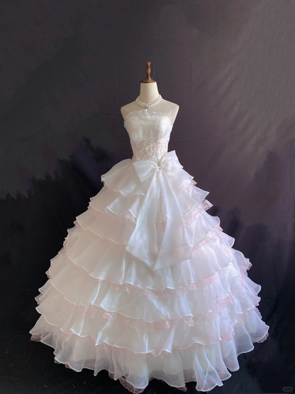 Blush pink strapless romantic gown with fitted waist and fluffy tiered cake skirt, wedding dress & bridal gown gh8225
