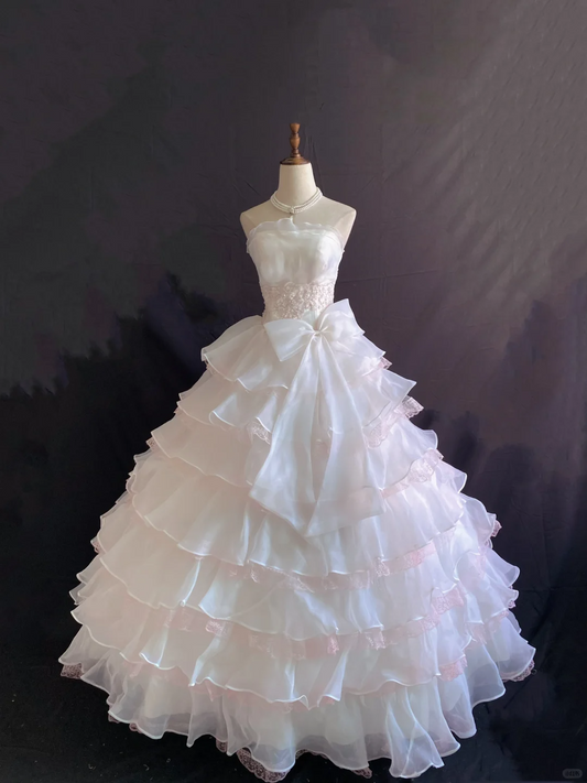 Blush pink strapless romantic gown with fitted waist and fluffy tiered cake skirt, wedding dress & bridal gown gh8225