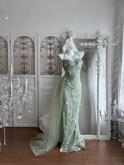 Light Green Halter Neck Floral Embroidered Waist-Cinched Mermaid Prom Gown & Evening Gown gh7352
