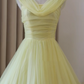 Pale Yellow Draped V Neck Tulle Prom Dress Sleeveless Ruched Bodice A-Line Tea Length Formal Party Gown gh9456