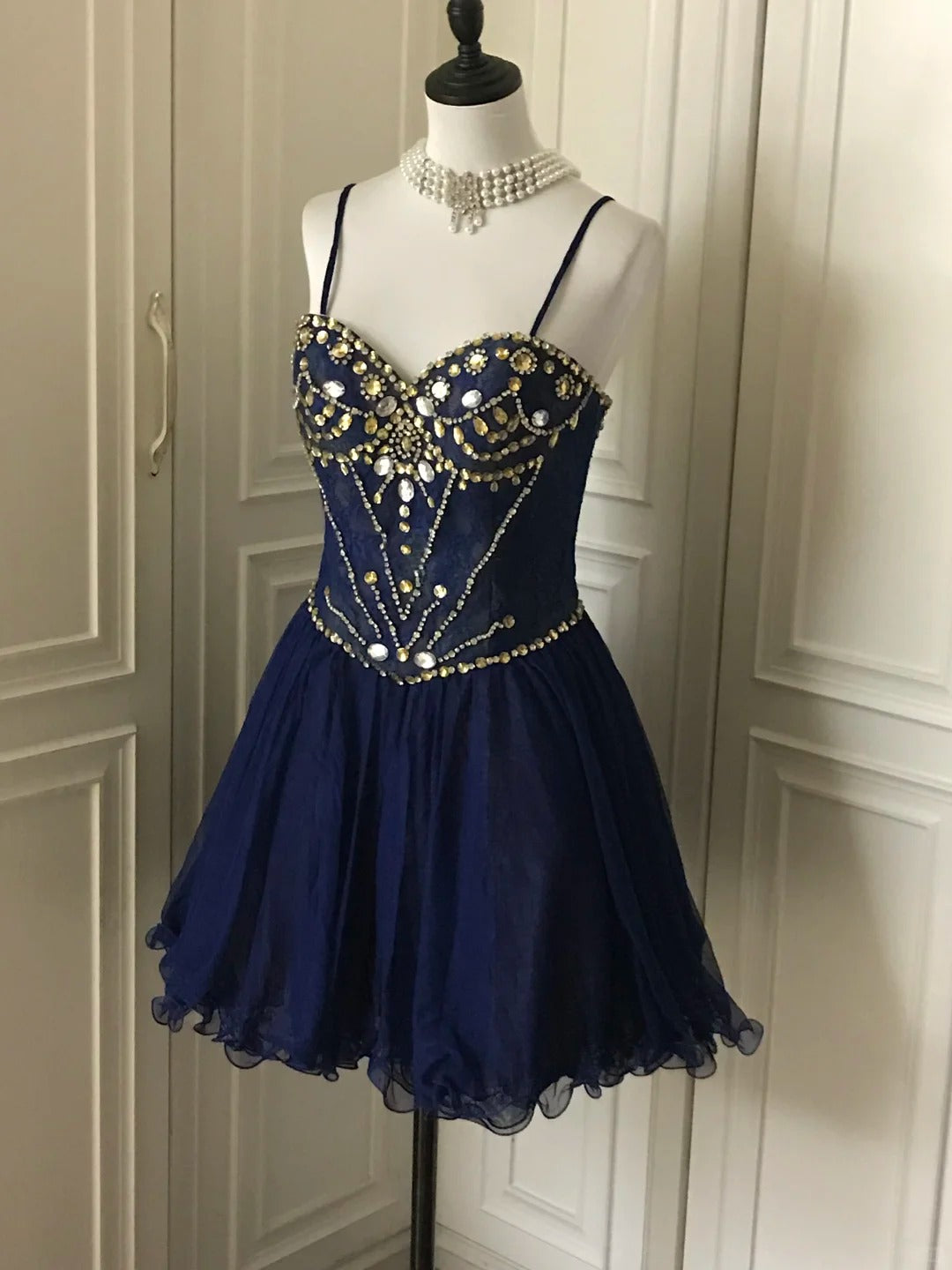 💙Dark blue shiny retro princess short homecoming dress beaded tulle ball gown evening dress gh4393