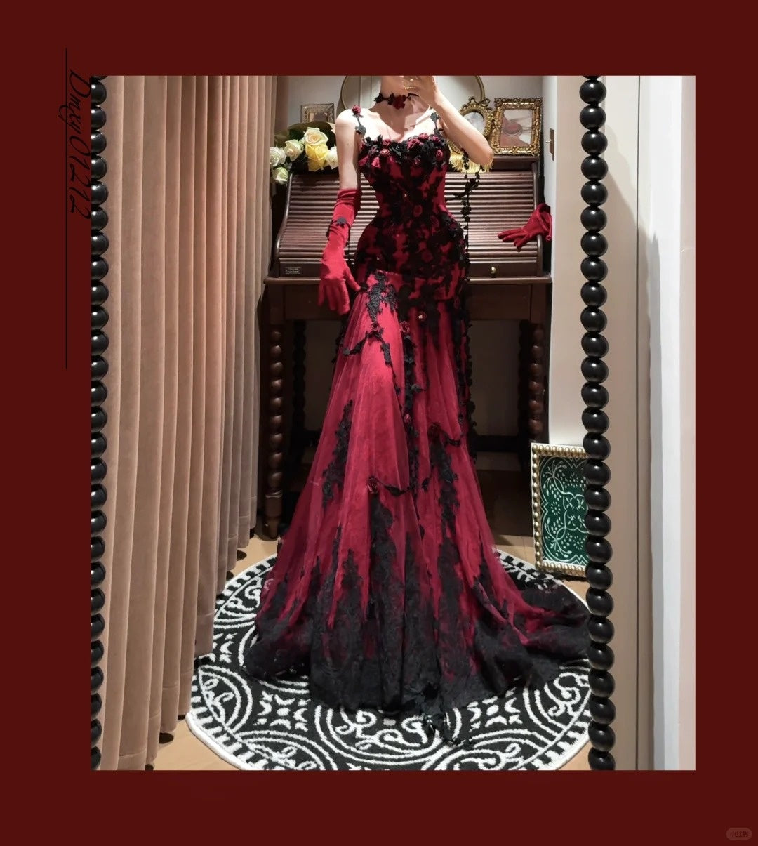 Burgundy Mysterious Red Rose Gorgeous Exquisite Lace Tulle Long Floor-Length Trailing Ball Gown Evening Gown gh4253