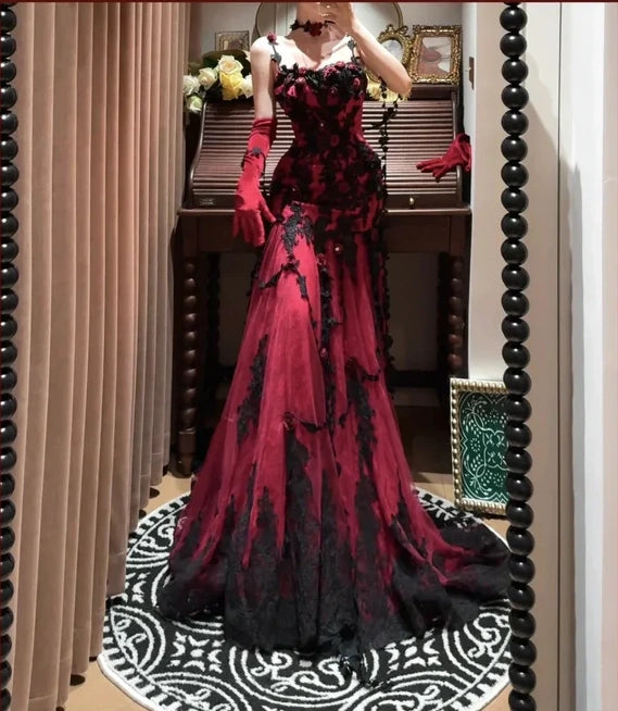 Burgundy Mysterious Red Rose Gorgeous Exquisite Lace Tulle Long Floor-Length Trailing Ball Gown Evening Gown gh4253