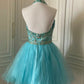 Blaues, kurzes Chiffon-Kleid mit Perlenbesatz, Ballkleid, Geburtstagspartykleid, gh4847