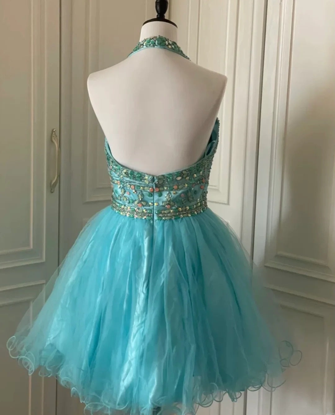 Blaues, kurzes Chiffon-Kleid mit Perlenbesatz, Ballkleid, Geburtstagspartykleid, gh4847