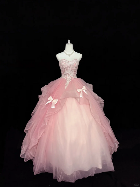 Blush Pink Strapless Embroidered Cinched Waist Voluminous Princess Skirt Romantic Dress, Wedding Gown gh7920