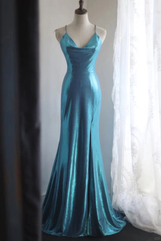 Blue Elegant Satin Long Mermaid Slim Fit Floor Length Ball Gown Evening Gown Prom Dress gh4201