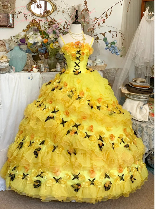 Robe longue en tulle à fleurs jaunes, robe de bal, robe de soirée, robe de mariée, gh4579