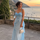 Light Blue Beaded Spaghetti Straps Waist-Cinched Fitted Elegant Prom Dress, Evening Gown gh7298