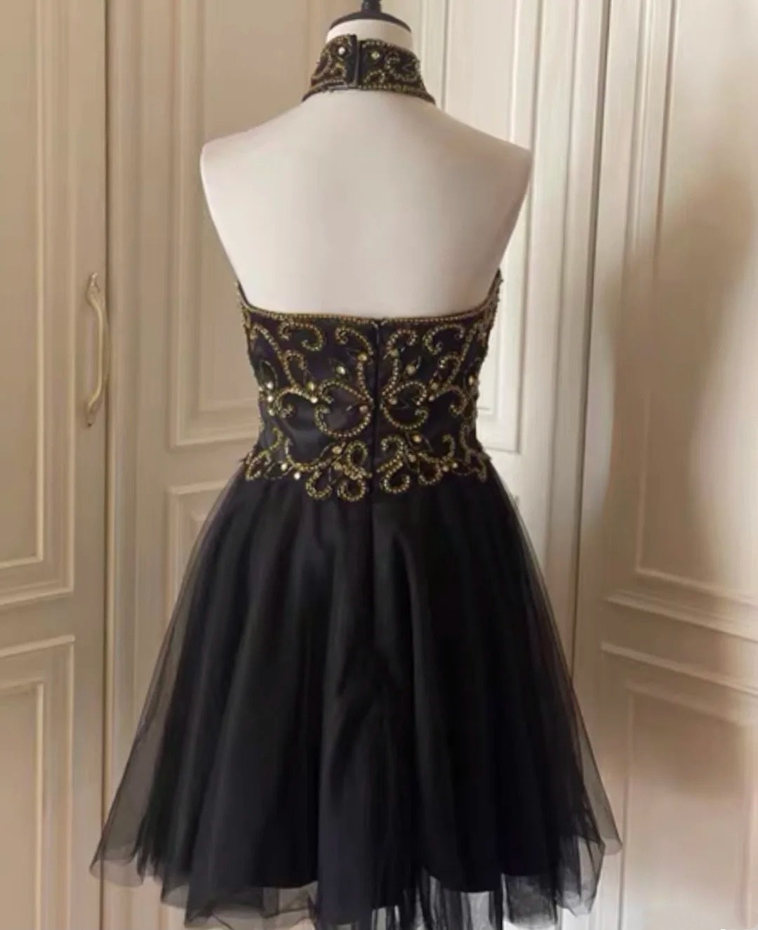 Robe de soirée courte en tulle ornée de perles noires, robe de bal, robe de fête d'anniversaire, gh4848