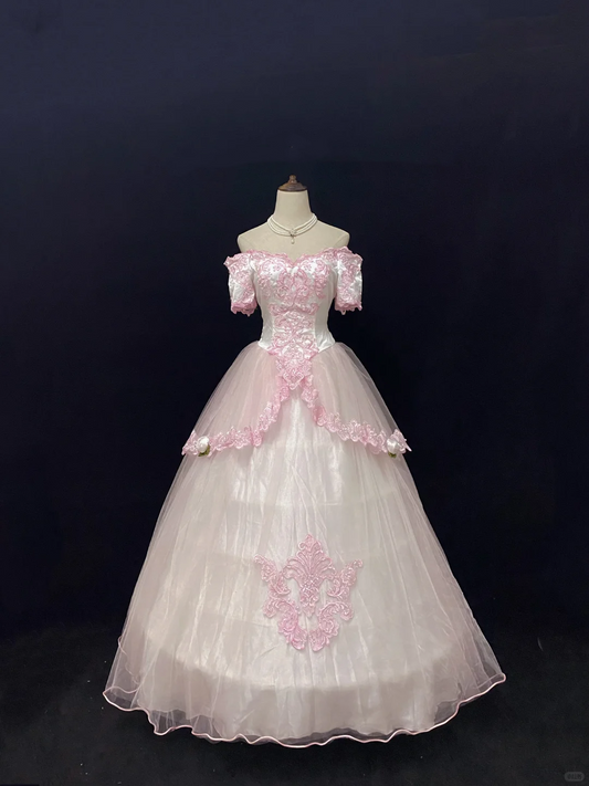 Off-the-Shoulder Blush Pink Romantic Classical Gown with Embroidery, Cinched Waist & Elegant Voluminous Skirt, Wedding Dress & Bridal Gown gh8140