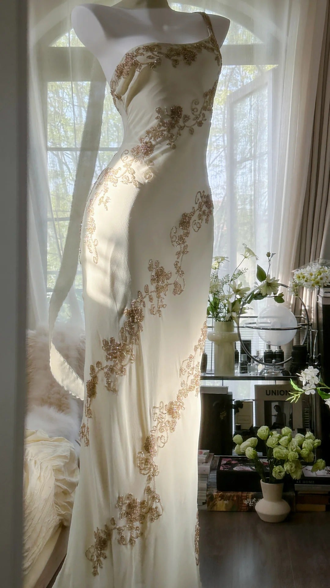 Ivory/Green Vintage Fashion One Shoulder Exquisite Beaded Long Chiffon – girlhomeshops