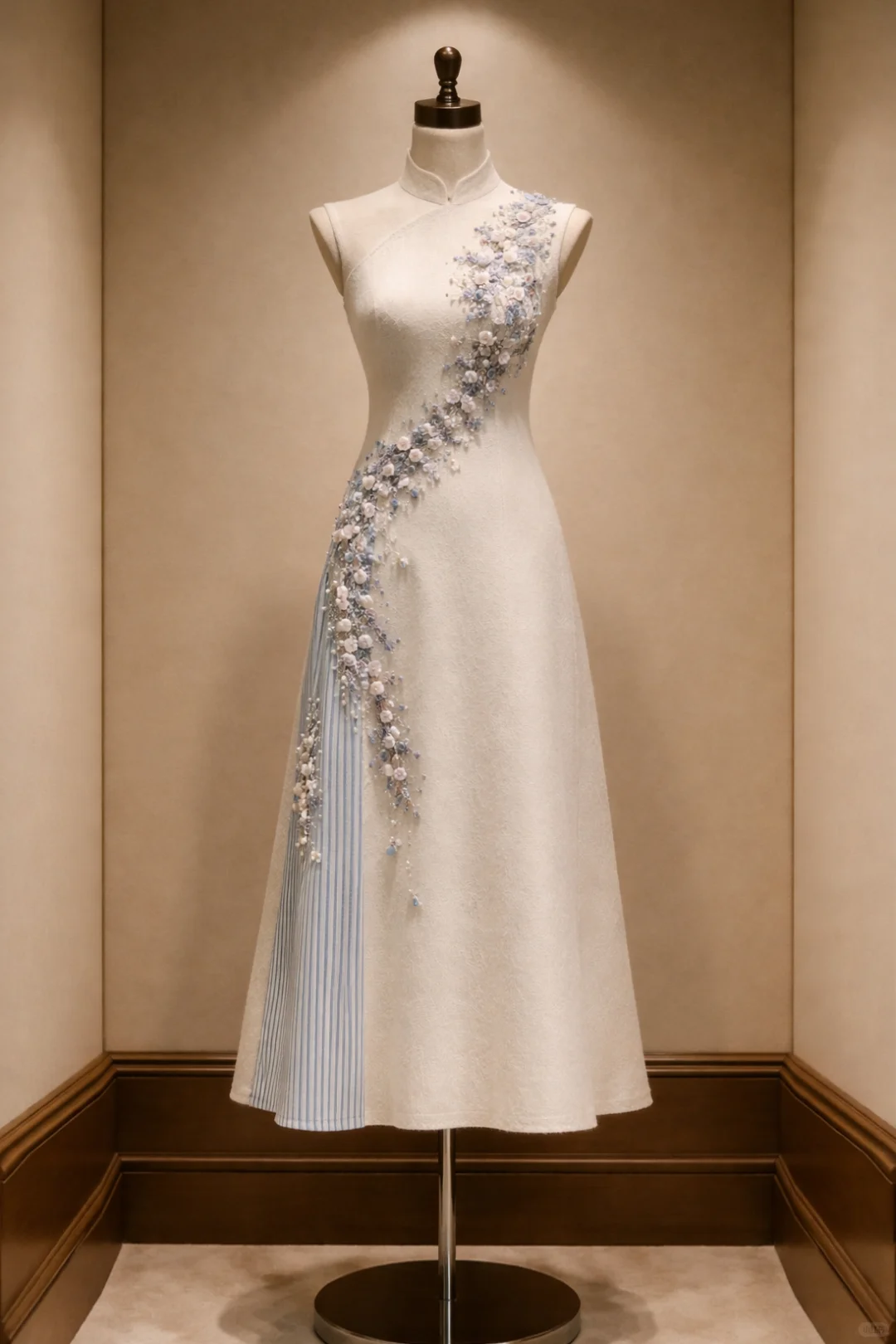 ✨Girlhomeshops-Cream Sleeveless Modified Qipao with Diagonal 3D Floral & Bead Accents gh10514